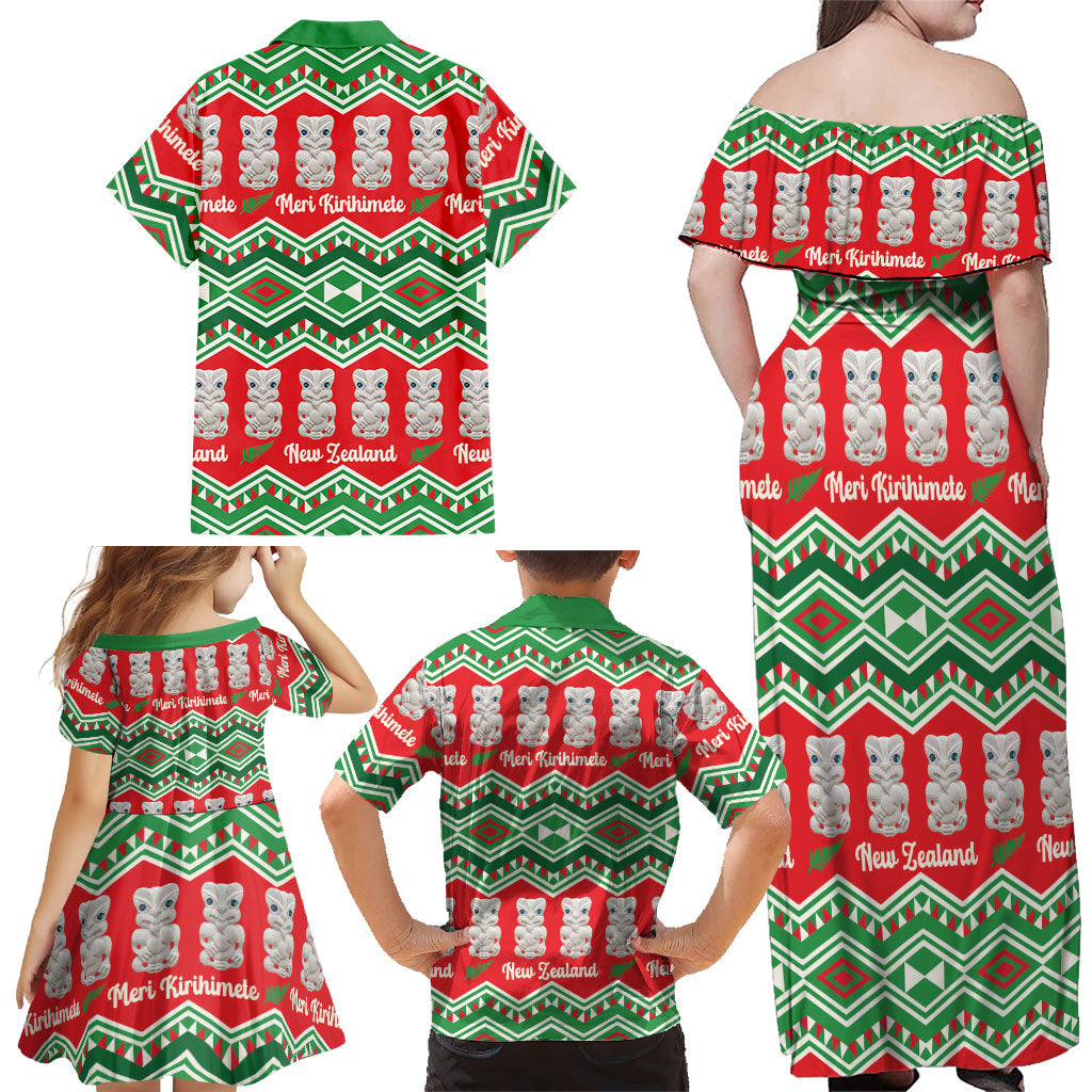 New Zealand Christmas In July Family Matching Off Shoulder Maxi Dress and Hawaiian Shirt Meri Kirihimete Hei Tiki Taniko Motifs Seamless LT14 - Polynesian Pride