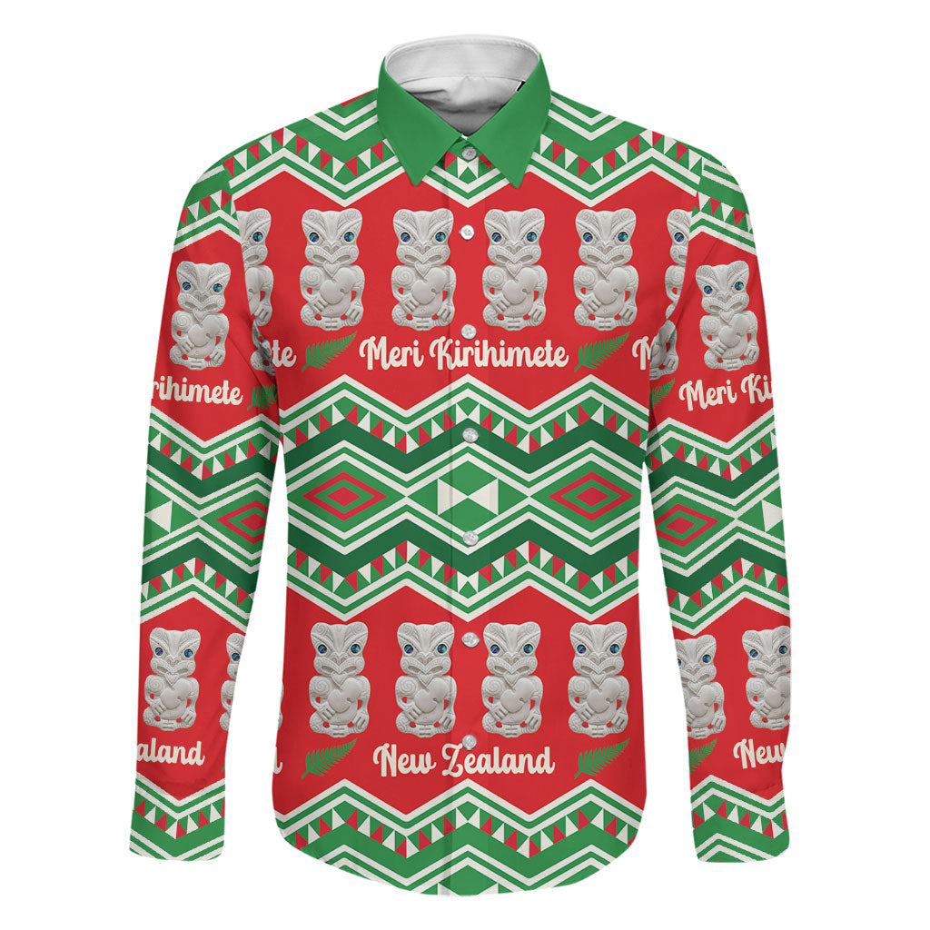New Zealand Christmas In July Family Matching Off Shoulder Maxi Dress and Hawaiian Shirt Meri Kirihimete Hei Tiki Taniko Motifs Seamless LT14 Dad's Shirt - Long Sleeve Red - Polynesian Pride