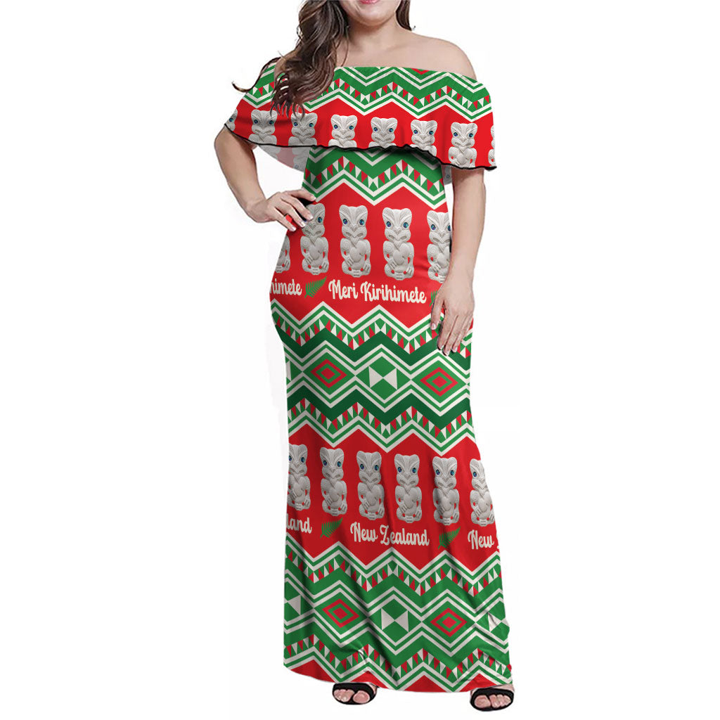 New Zealand Christmas In July Family Matching Off Shoulder Maxi Dress and Hawaiian Shirt Meri Kirihimete Hei Tiki Taniko Motifs Seamless LT14 Mom's Dress Red - Polynesian Pride