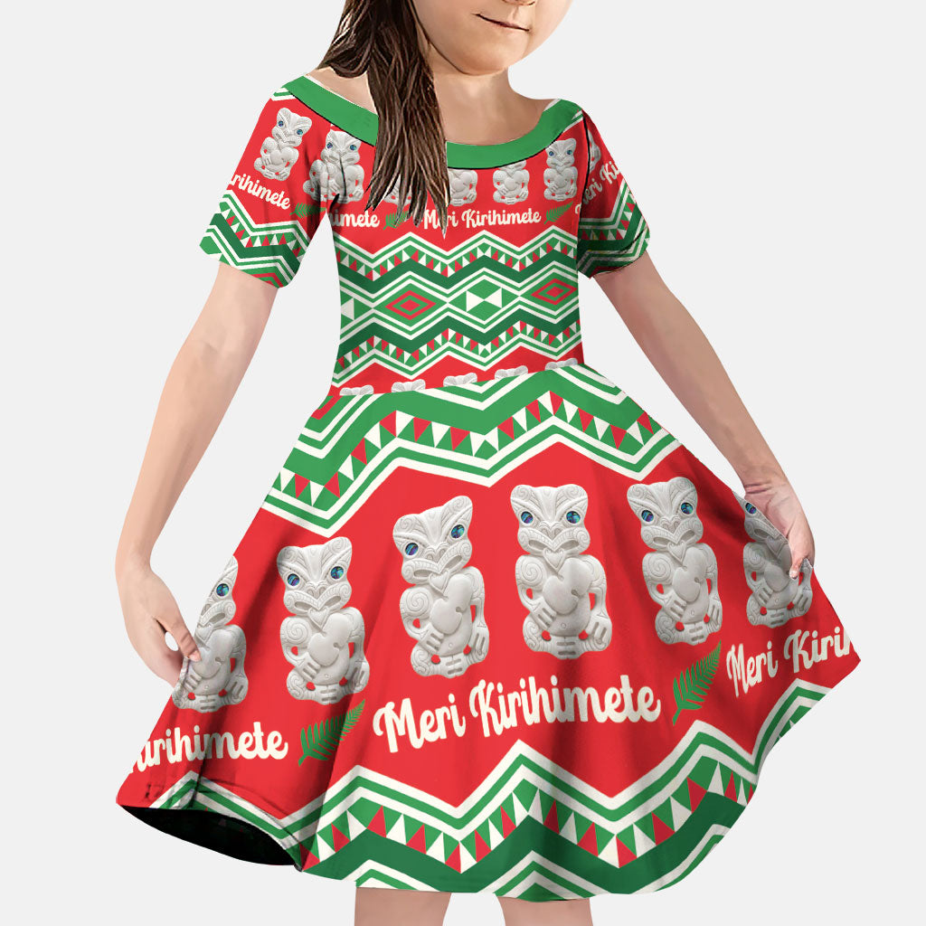 New Zealand Christmas In July Family Matching Off Shoulder Short Dress and Hawaiian Shirt Meri Kirihimete Hei Tiki Taniko Motifs Seamless LT14 Daughter's Dress Red - Polynesian Pride
