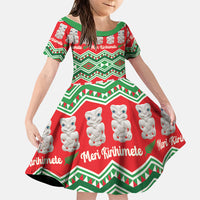 New Zealand Christmas In July Family Matching Off Shoulder Short Dress and Hawaiian Shirt Meri Kirihimete Hei Tiki Taniko Motifs Seamless LT14 Daughter's Dress Red - Polynesian Pride