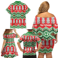 New Zealand Christmas In July Family Matching Off Shoulder Short Dress and Hawaiian Shirt Meri Kirihimete Hei Tiki Taniko Motifs Seamless LT14 - Polynesian Pride