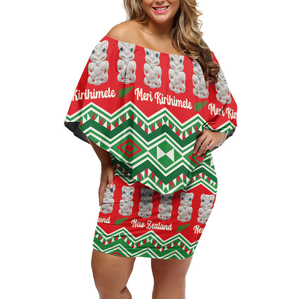 New Zealand Christmas In July Family Matching Off Shoulder Short Dress and Hawaiian Shirt Meri Kirihimete Hei Tiki Taniko Motifs Seamless LT14 Mom's Dress Red - Polynesian Pride