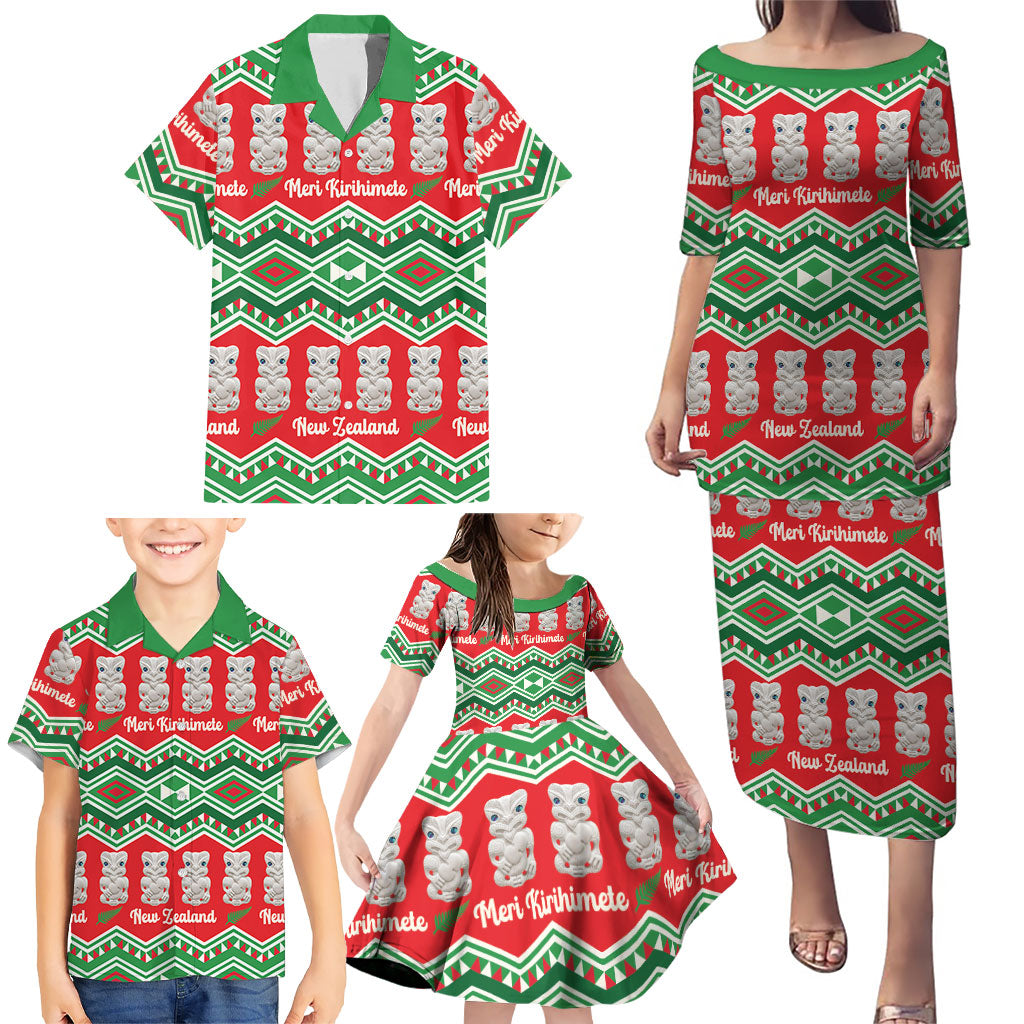 New Zealand Christmas In July Family Matching Puletasi and Hawaiian Shirt Meri Kirihimete Hei Tiki Taniko Motifs Seamless LT14 - Polynesian Pride