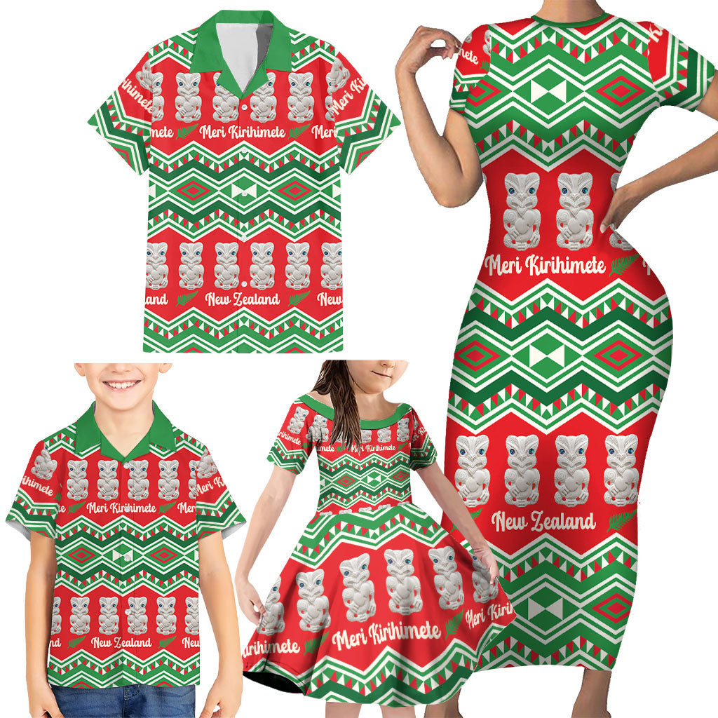 New Zealand Christmas In July Family Matching Short Sleeve Bodycon Dress and Hawaiian Shirt Meri Kirihimete Hei Tiki Taniko Motifs Seamless LT14 - Polynesian Pride