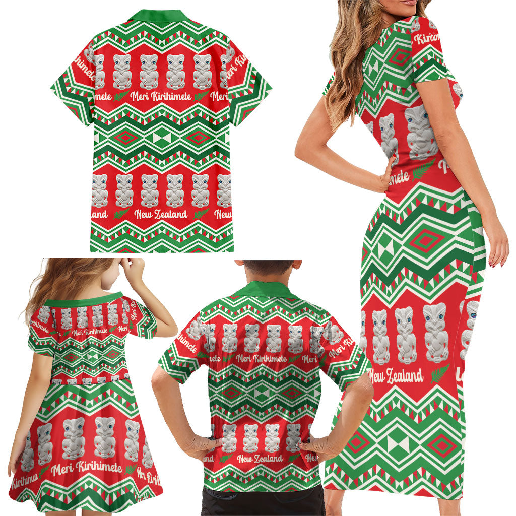New Zealand Christmas In July Family Matching Short Sleeve Bodycon Dress and Hawaiian Shirt Meri Kirihimete Hei Tiki Taniko Motifs Seamless LT14 - Polynesian Pride