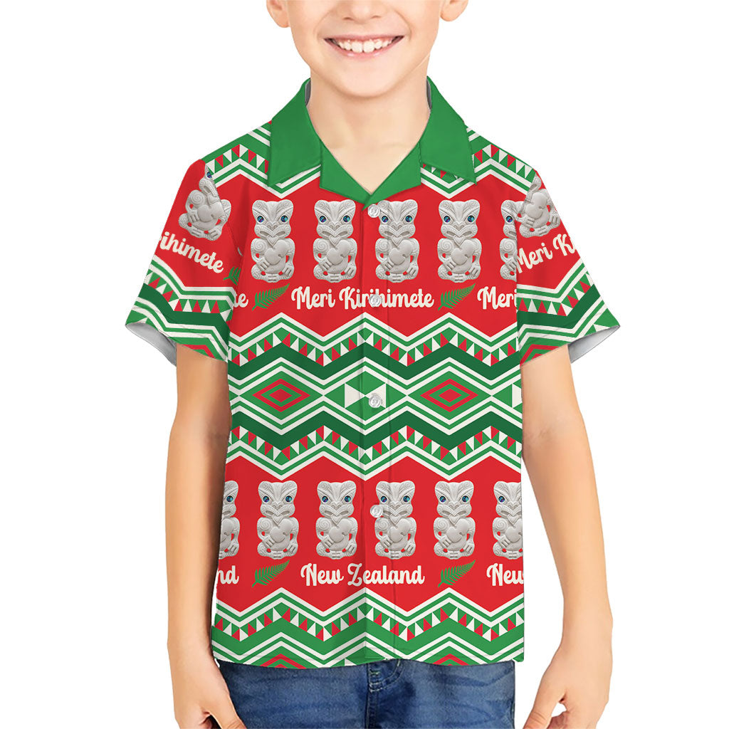 New Zealand Christmas In July Family Matching Summer Maxi Dress and Hawaiian Shirt Meri Kirihimete Hei Tiki Taniko Motifs Seamless LT14 Son's Shirt Red - Polynesian Pride