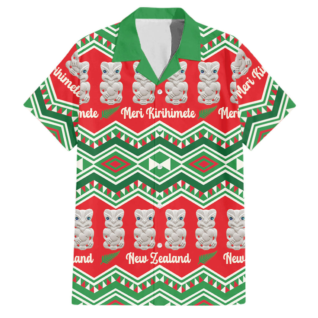 New Zealand Christmas In July Family Matching Tank Maxi Dress and Hawaiian Shirt Meri Kirihimete Hei Tiki Taniko Motifs Seamless LT14 Dad's Shirt - Short Sleeve Red - Polynesian Pride
