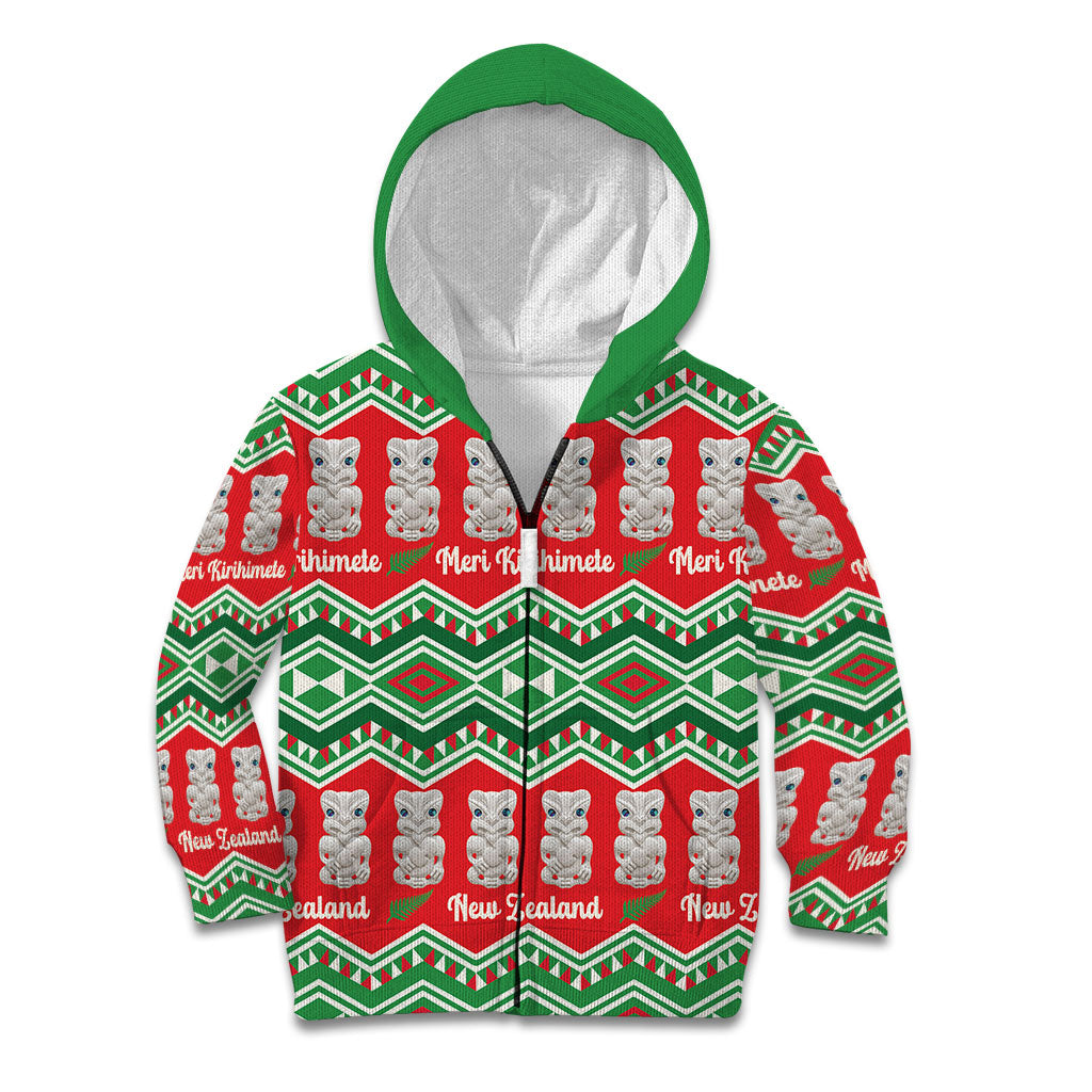 New Zealand Christmas In July Kid Hoodie Meri Kirihimete Hei Tiki Taniko Motifs Seamless LT14 Zip Hoodie Red - Polynesian Pride