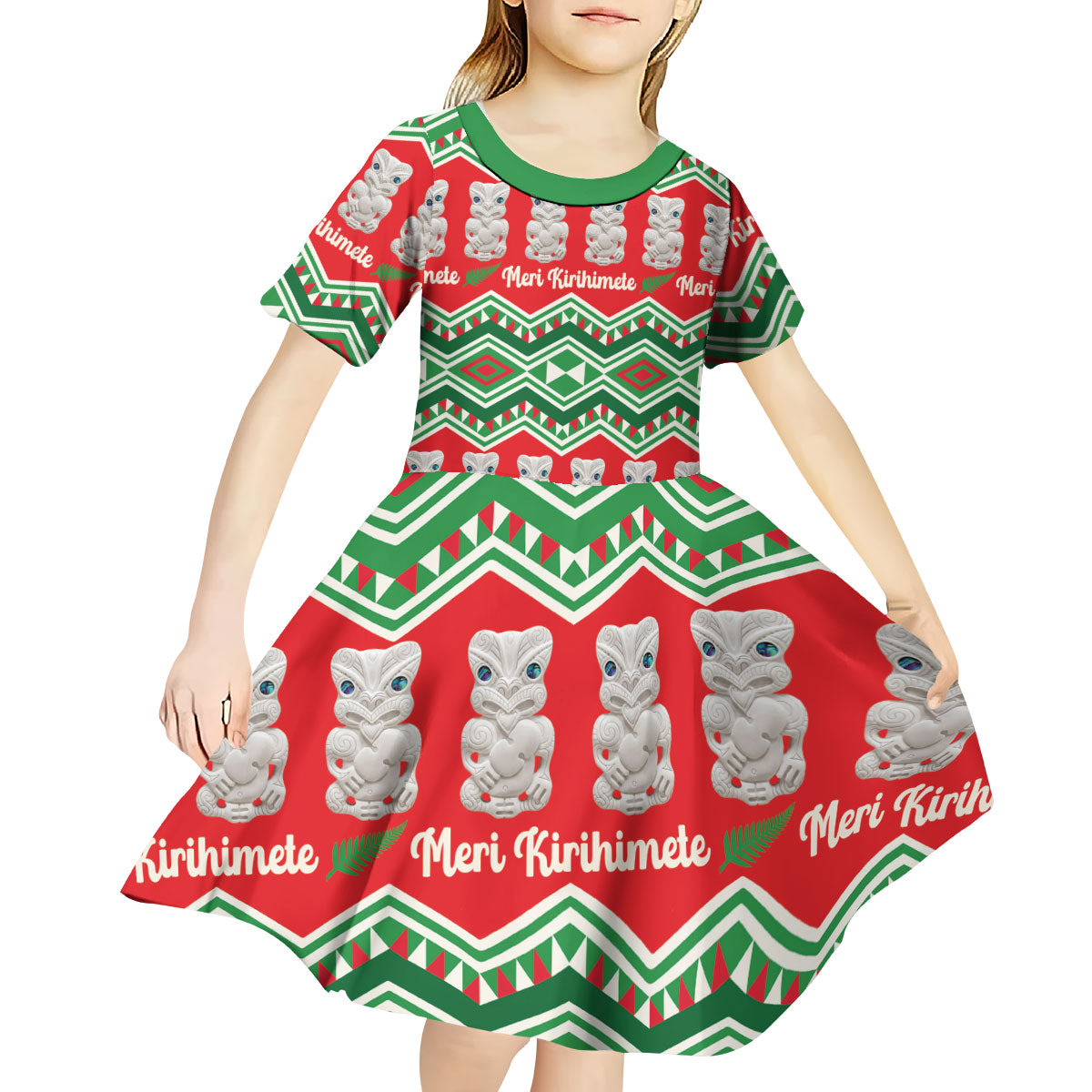 New Zealand Christmas In July Kid Short Sleeve Dress Meri Kirihimete Hei Tiki Taniko Motifs Seamless LT14 - Polynesian Pride