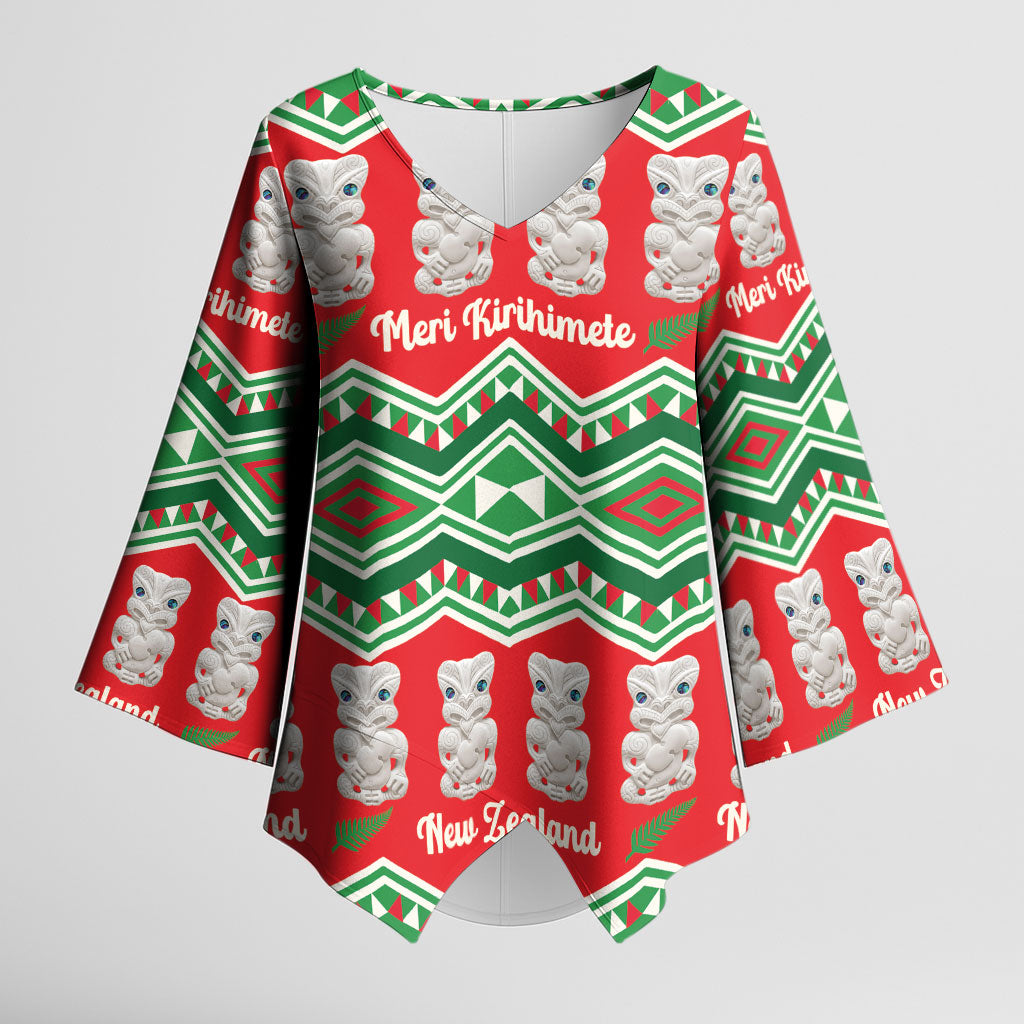 New Zealand Christmas In July Kimono Sleeve Blouse Meri Kirihimete Hei Tiki Taniko Motifs Seamless LT14 Female Red - Polynesian Pride