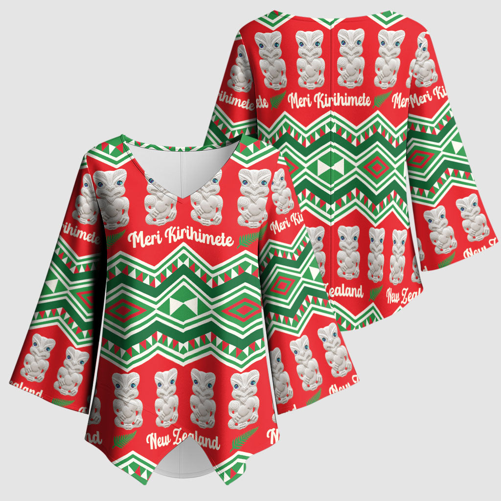 New Zealand Christmas In July Kimono Sleeve Blouse Meri Kirihimete Hei Tiki Taniko Motifs Seamless LT14 - Polynesian Pride