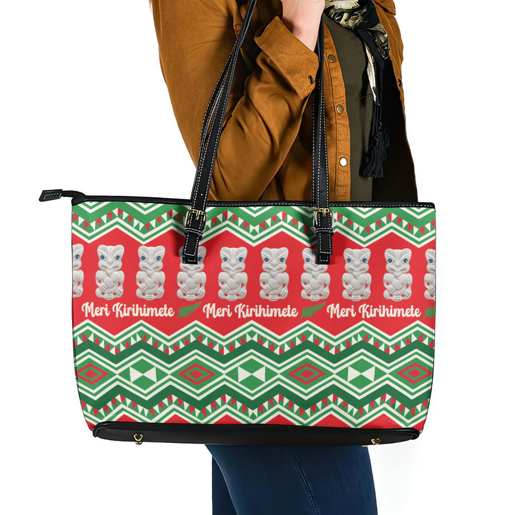 New Zealand Christmas In July Leather Tote Bag Meri Kirihimete Hei Tiki Taniko Motifs Seamless LT14 - Polynesian Pride