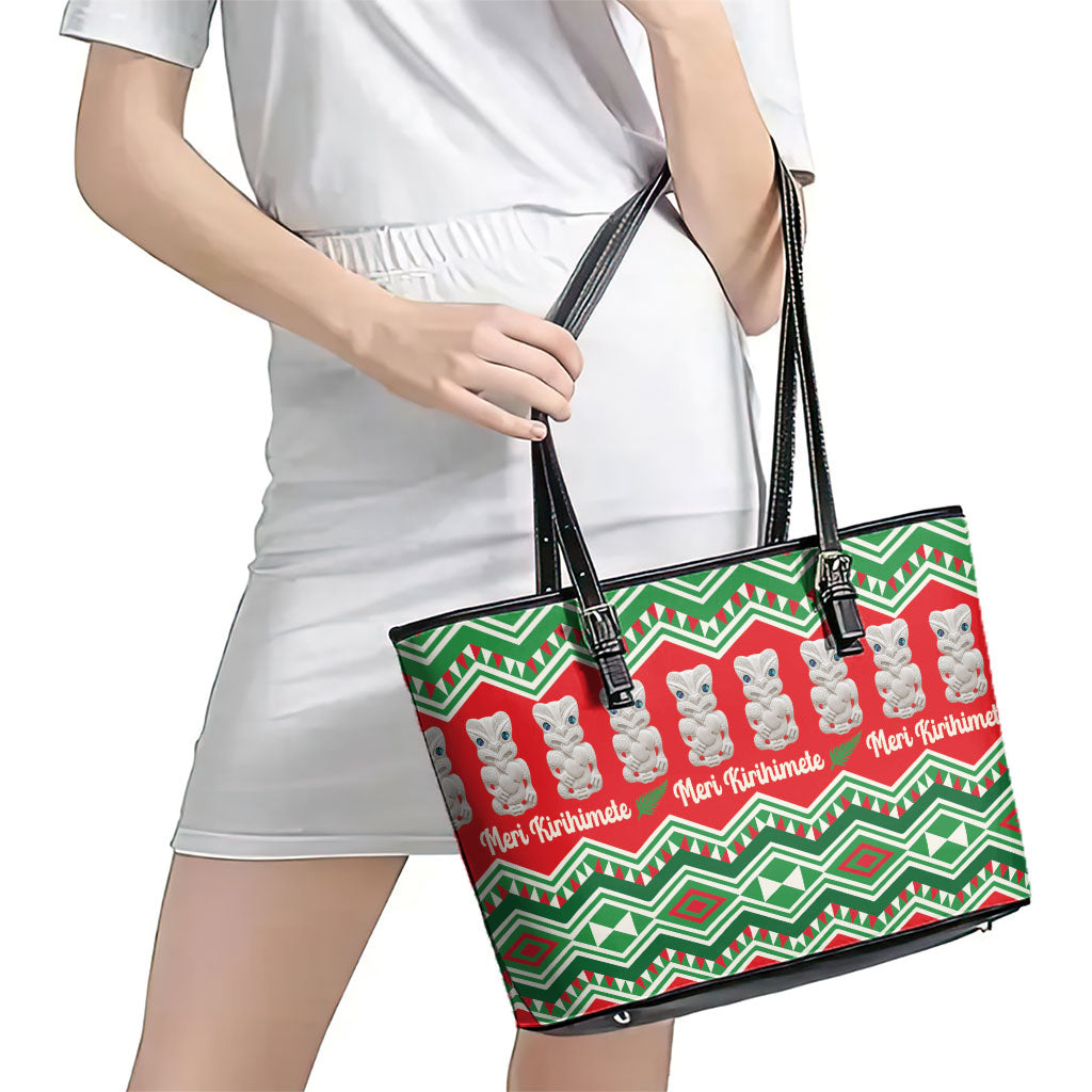 New Zealand Christmas In July Leather Tote Bag Meri Kirihimete Hei Tiki Taniko Motifs Seamless LT14 - Polynesian Pride