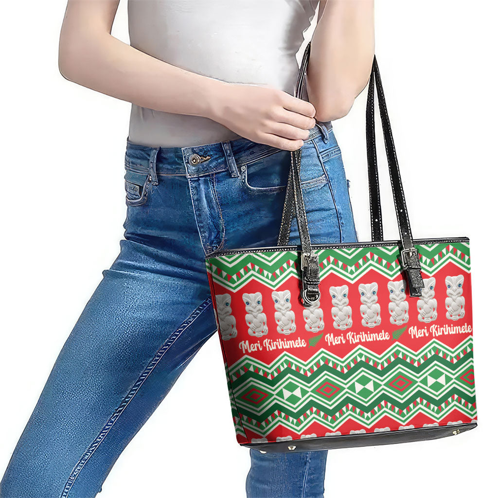 New Zealand Christmas In July Leather Tote Bag Meri Kirihimete Hei Tiki Taniko Motifs Seamless LT14 - Polynesian Pride