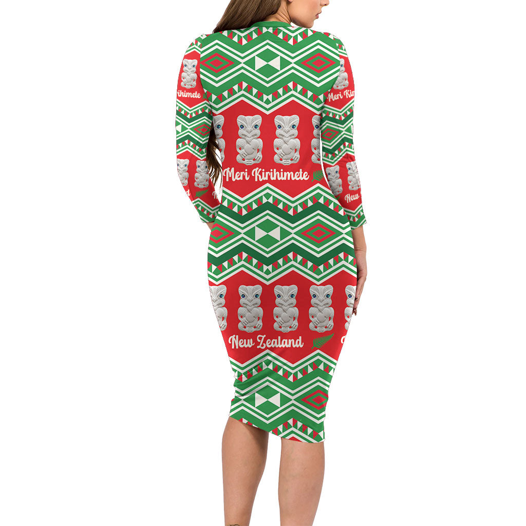 New Zealand Christmas In July Long Sleeve Bodycon Dress Meri Kirihimete Hei Tiki Taniko Motifs Seamless LT14 - Polynesian Pride