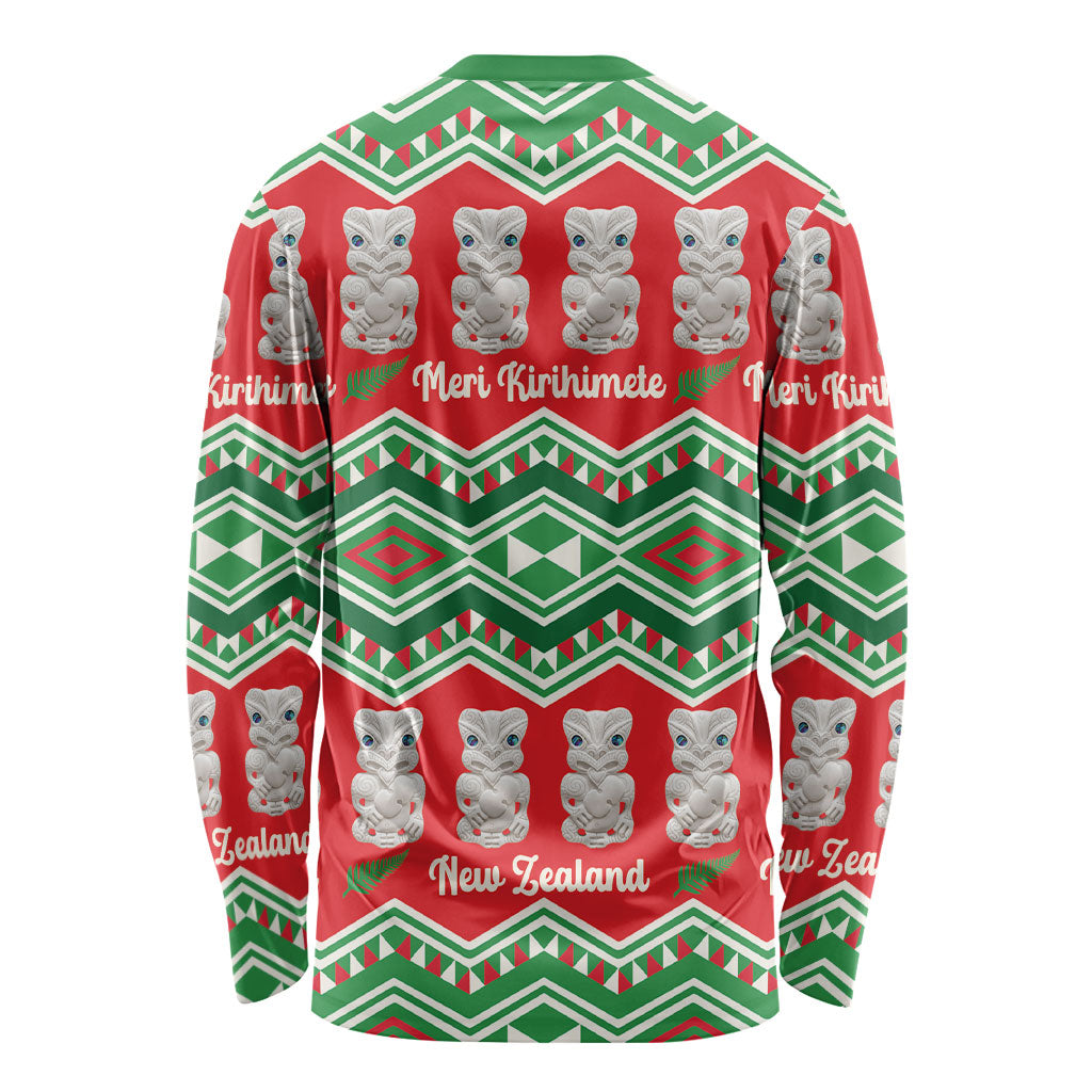 New Zealand Christmas In July Long Sleeve Shirt Meri Kirihimete Hei Tiki Taniko Motifs Seamless LT14 - Polynesian Pride