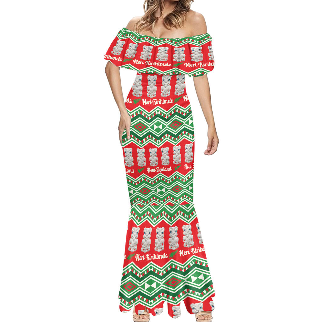 New Zealand Christmas In July Mermaid Dress Meri Kirihimete Hei Tiki Taniko Motifs Seamless LT14 - Polynesian Pride