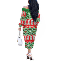 New Zealand Christmas In July Off The Shoulder Long Sleeve Dress Meri Kirihimete Hei Tiki Taniko Motifs Seamless LT14 - Polynesian Pride