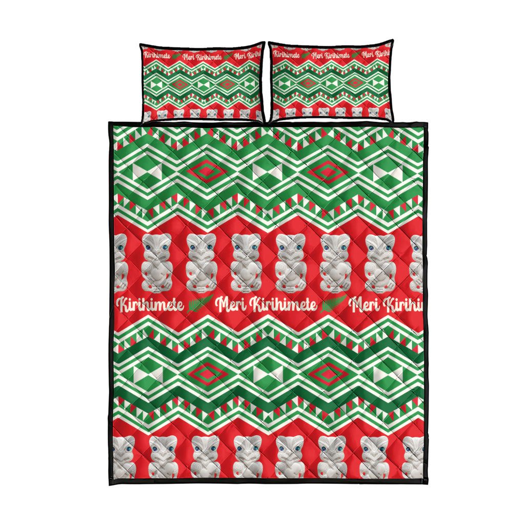 New Zealand Christmas In July Quilt Bed Set Meri Kirihimete Hei Tiki Taniko Motifs Seamless LT14 - Polynesian Pride