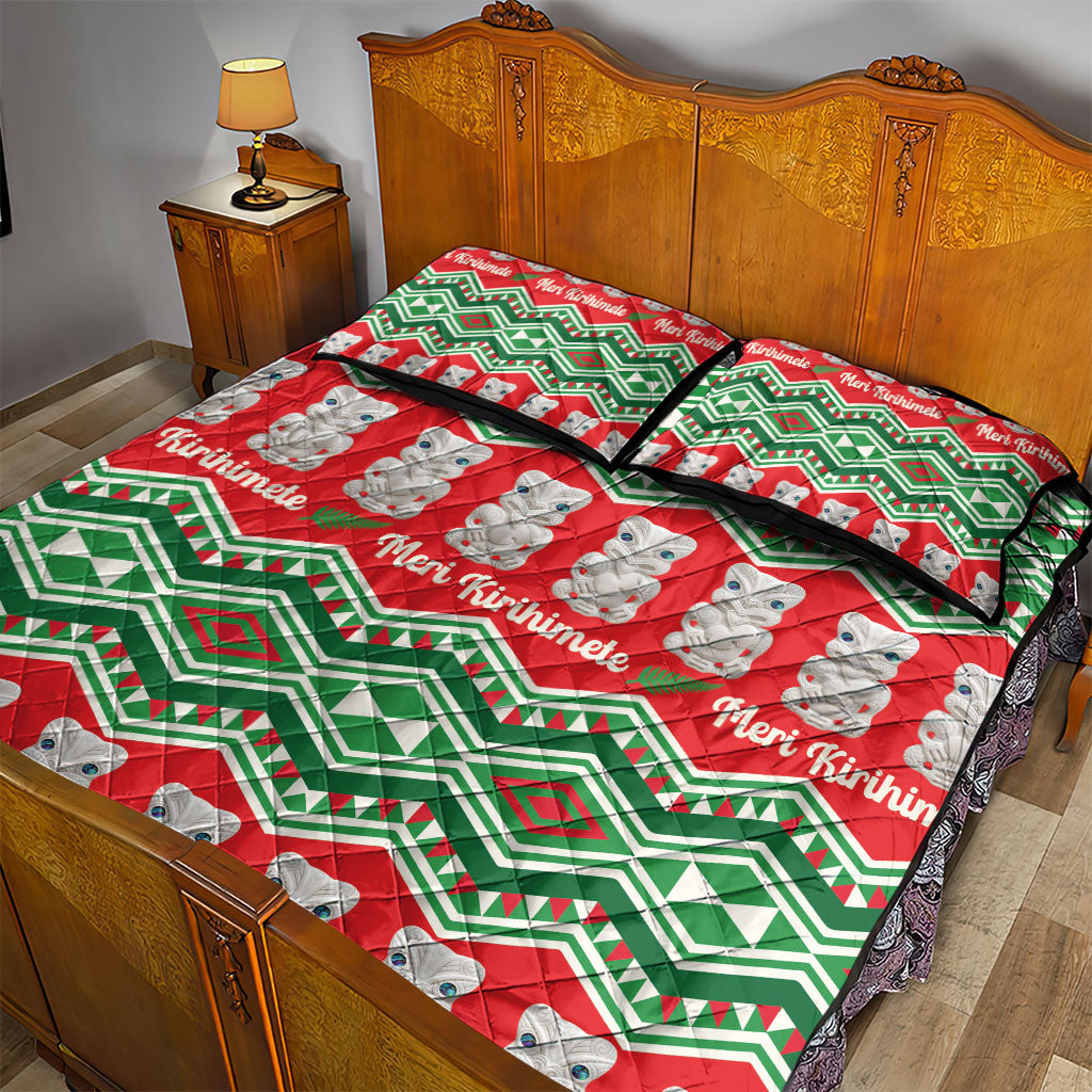 New Zealand Christmas In July Quilt Bed Set Meri Kirihimete Hei Tiki Taniko Motifs Seamless LT14 - Polynesian Pride