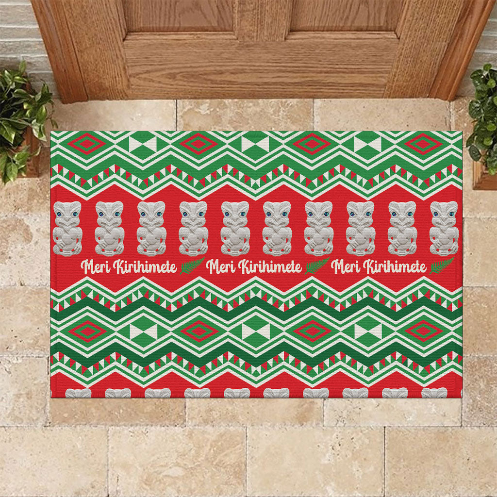New Zealand Christmas In July Rubber Doormat Meri Kirihimete Hei Tiki Taniko Motifs Seamless LT14 Red - Polynesian Pride
