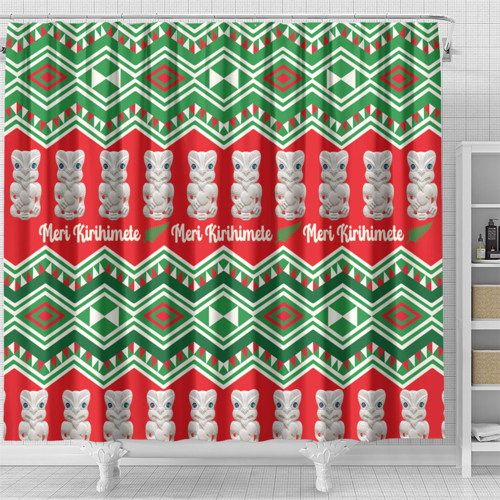 New Zealand Christmas In July Shower Curtain Meri Kirihimete Hei Tiki Taniko Motifs Seamless LT14 - Polynesian Pride