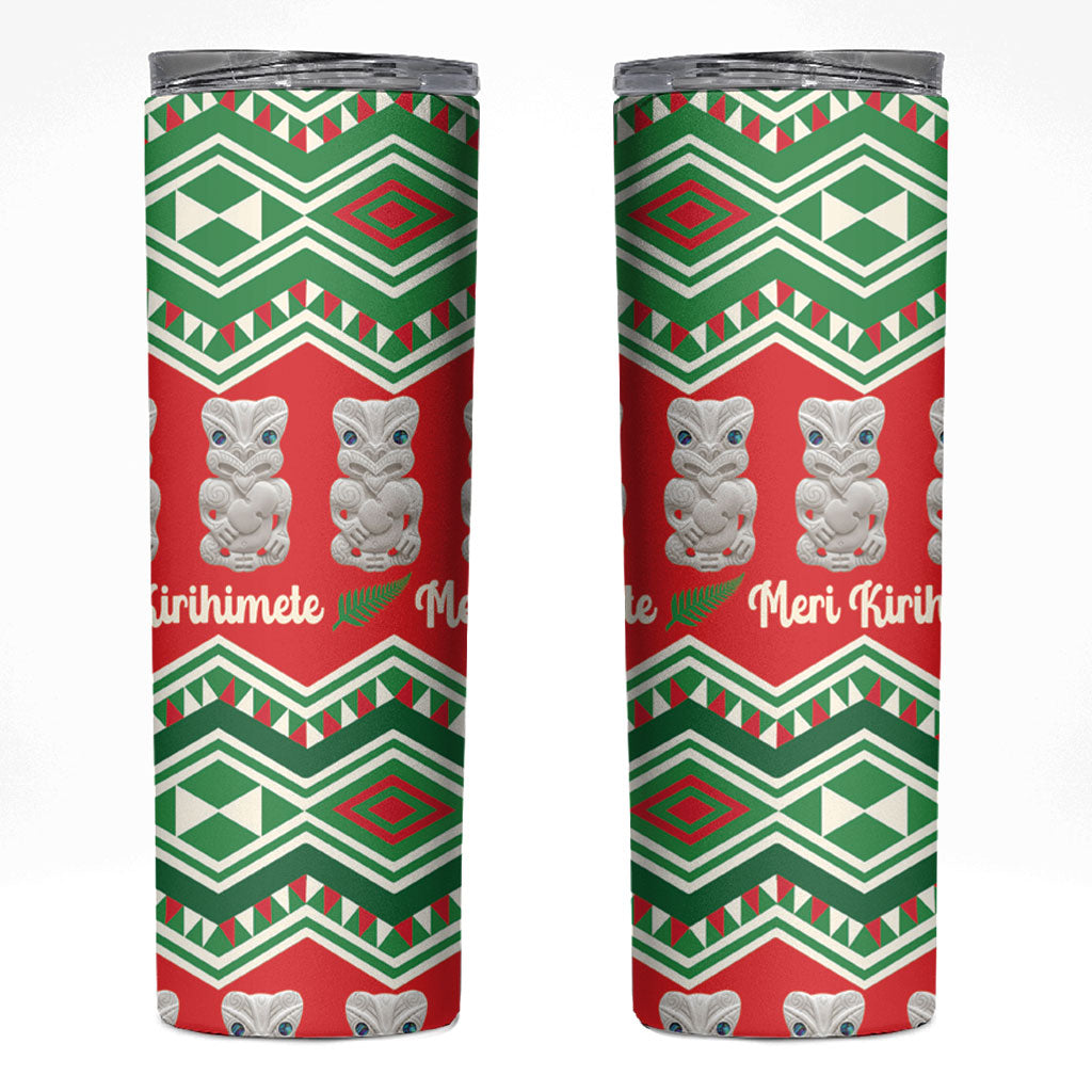 New Zealand Christmas In July Skinny Tumbler Meri Kirihimete Hei Tiki Taniko Motifs Seamless LT14 Red - Polynesian Pride