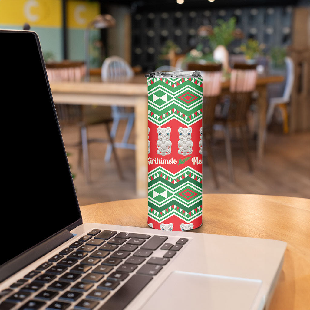 New Zealand Christmas In July Skinny Tumbler Meri Kirihimete Hei Tiki Taniko Motifs Seamless LT14 - Polynesian Pride