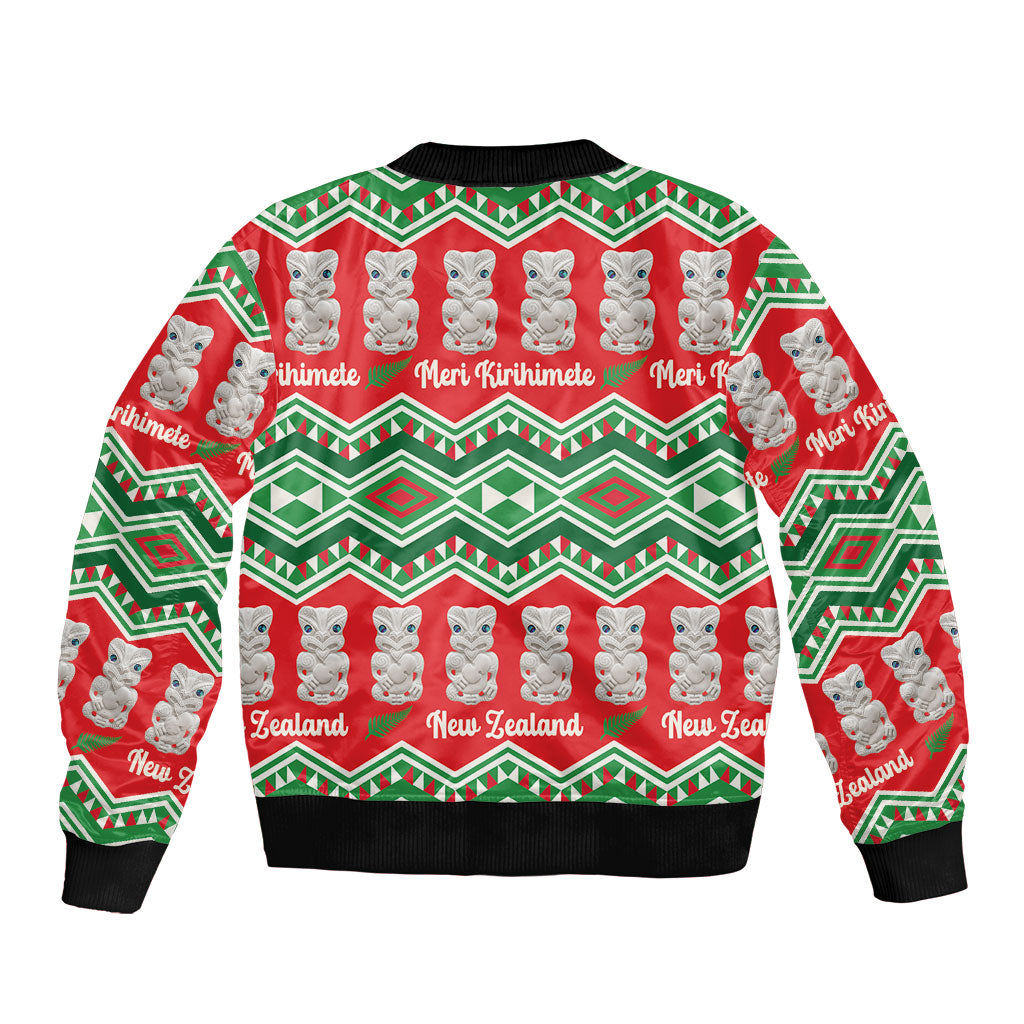 New Zealand Christmas In July Sleeve Zip Bomber Jacket Meri Kirihimete Hei Tiki Taniko Motifs Seamless LT14 - Polynesian Pride