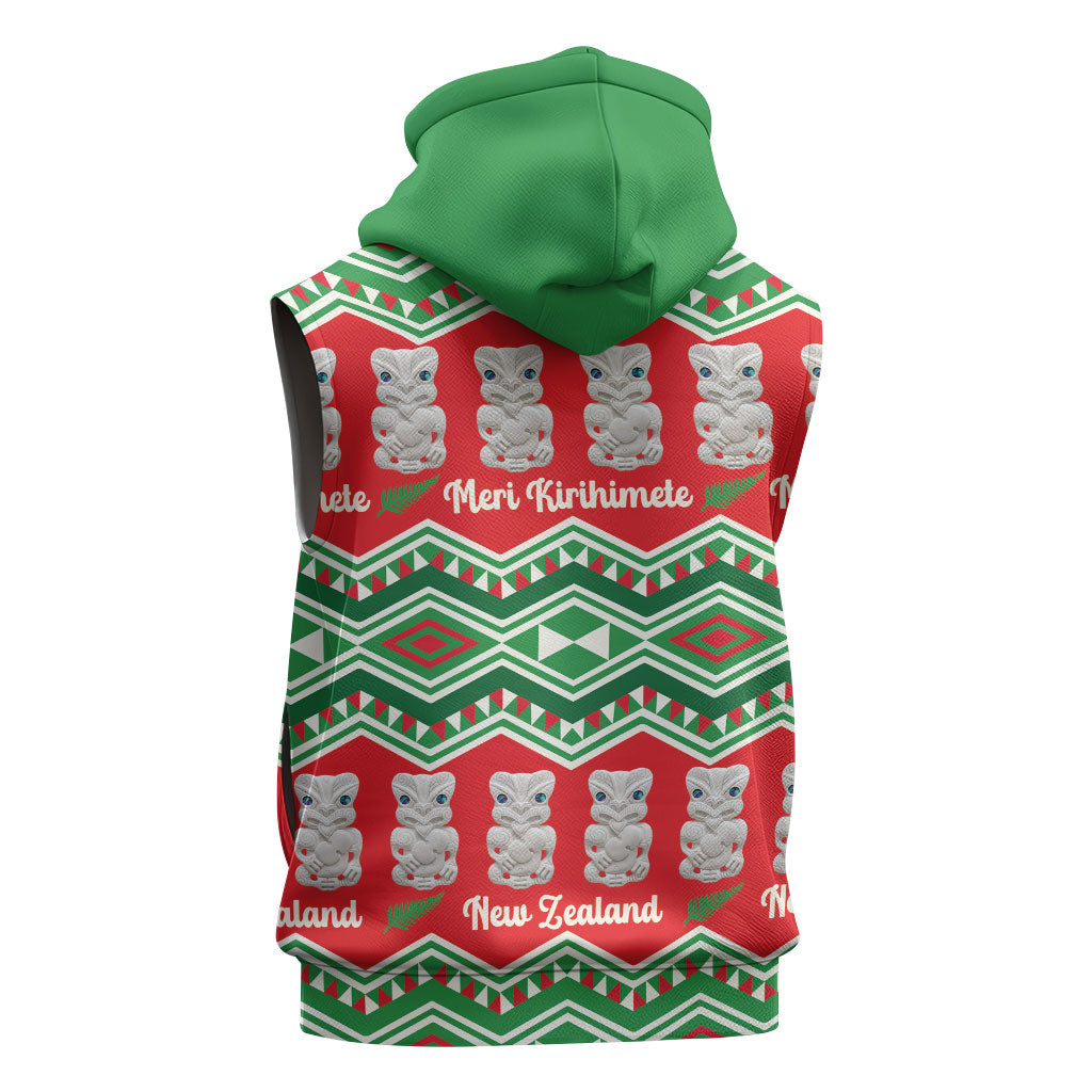 New Zealand Christmas In July Sleeveless Hoodie Meri Kirihimete Hei Tiki Taniko Motifs Seamless LT14 - Polynesian Pride