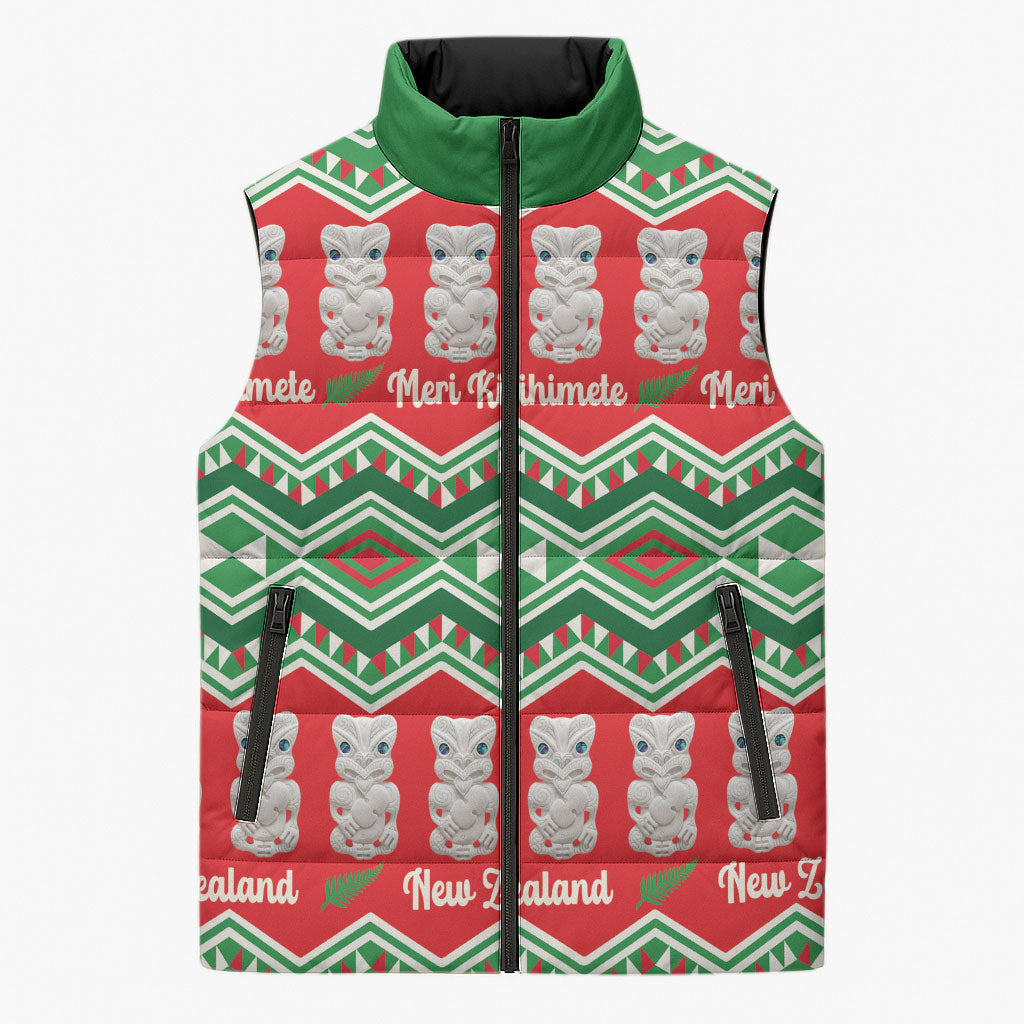 New Zealand Christmas In July Sleeveless Puffer Jacket Meri Kirihimete Hei Tiki Taniko Motifs Seamless LT14 Unisex Red - Polynesian Pride