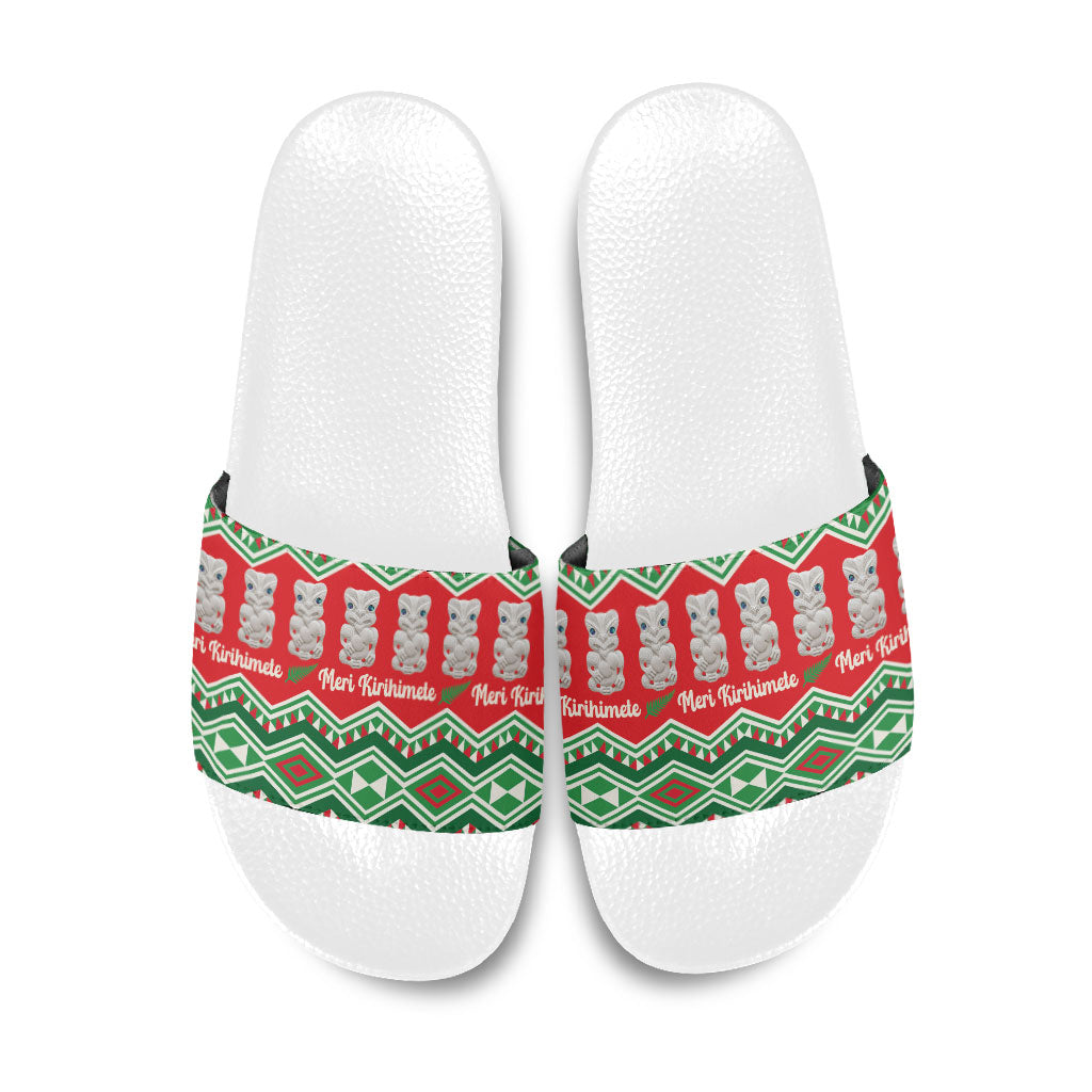 New Zealand Christmas In July Slide Sandals Meri Kirihimete Hei Tiki Taniko Motifs Seamless LT14 Red - Polynesian Pride