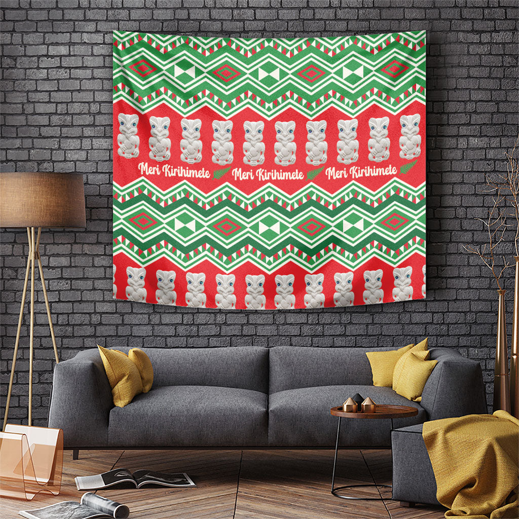 New Zealand Christmas In July Tapestry Meri Kirihimete Hei Tiki Taniko Motifs Seamless LT14 Red - Polynesian Pride
