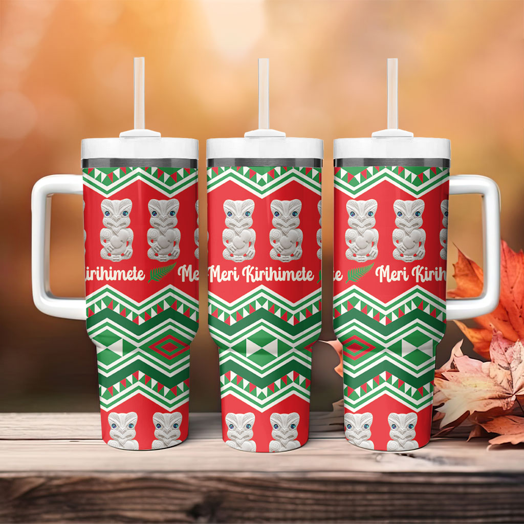 New Zealand Christmas In July Tumbler With Handle Meri Kirihimete Hei Tiki Taniko Motifs Seamless LT14 - Polynesian Pride