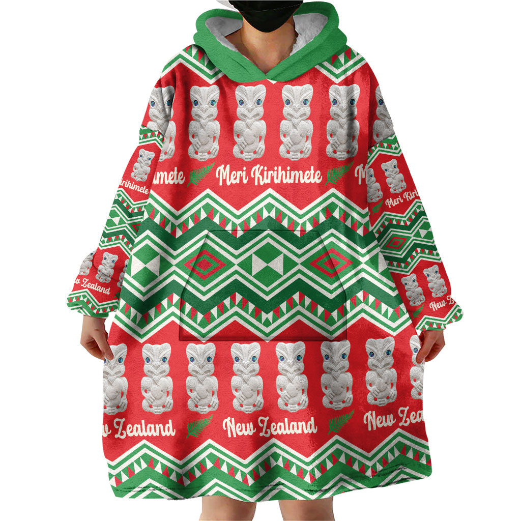 New Zealand Christmas In July Wearable Blanket Hoodie Meri Kirihimete Hei Tiki Taniko Motifs Seamless LT14 - Polynesian Pride