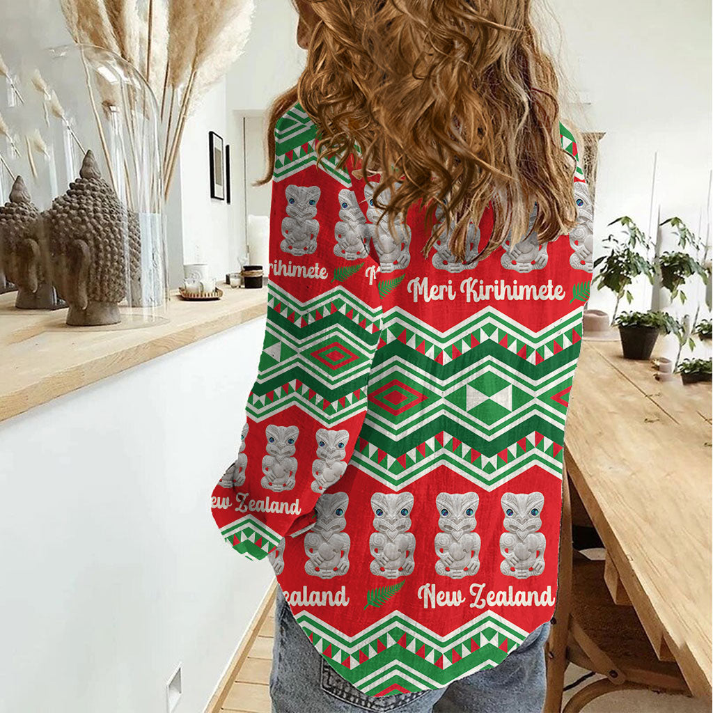 New Zealand Christmas In July Women Casual Shirt Meri Kirihimete Hei Tiki Taniko Motifs Seamless LT14 - Polynesian Pride