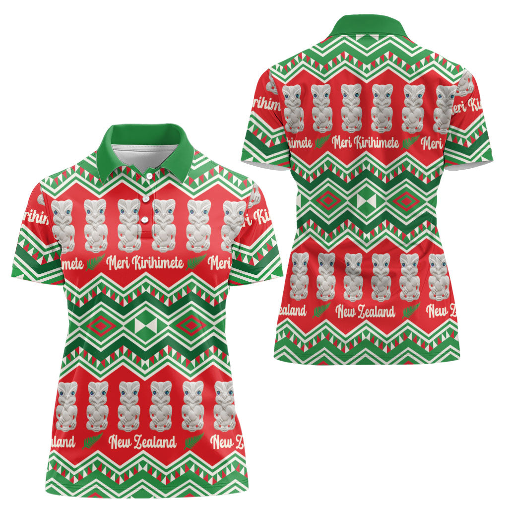 New Zealand Christmas In July Women Polo Shirt Meri Kirihimete Hei Tiki Taniko Motifs Seamless LT14 - Polynesian Pride