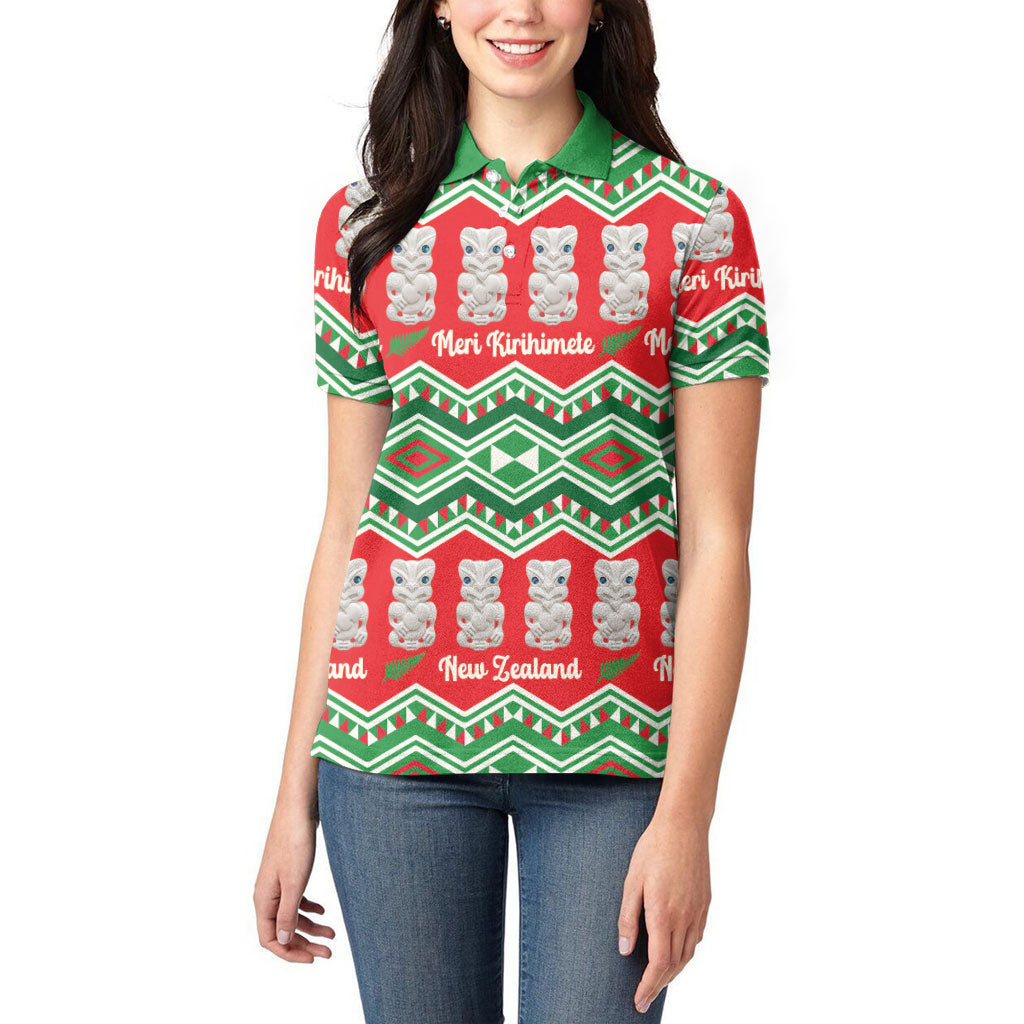 New Zealand Christmas In July Women Polo Shirt Meri Kirihimete Hei Tiki Taniko Motifs Seamless LT14 - Polynesian Pride