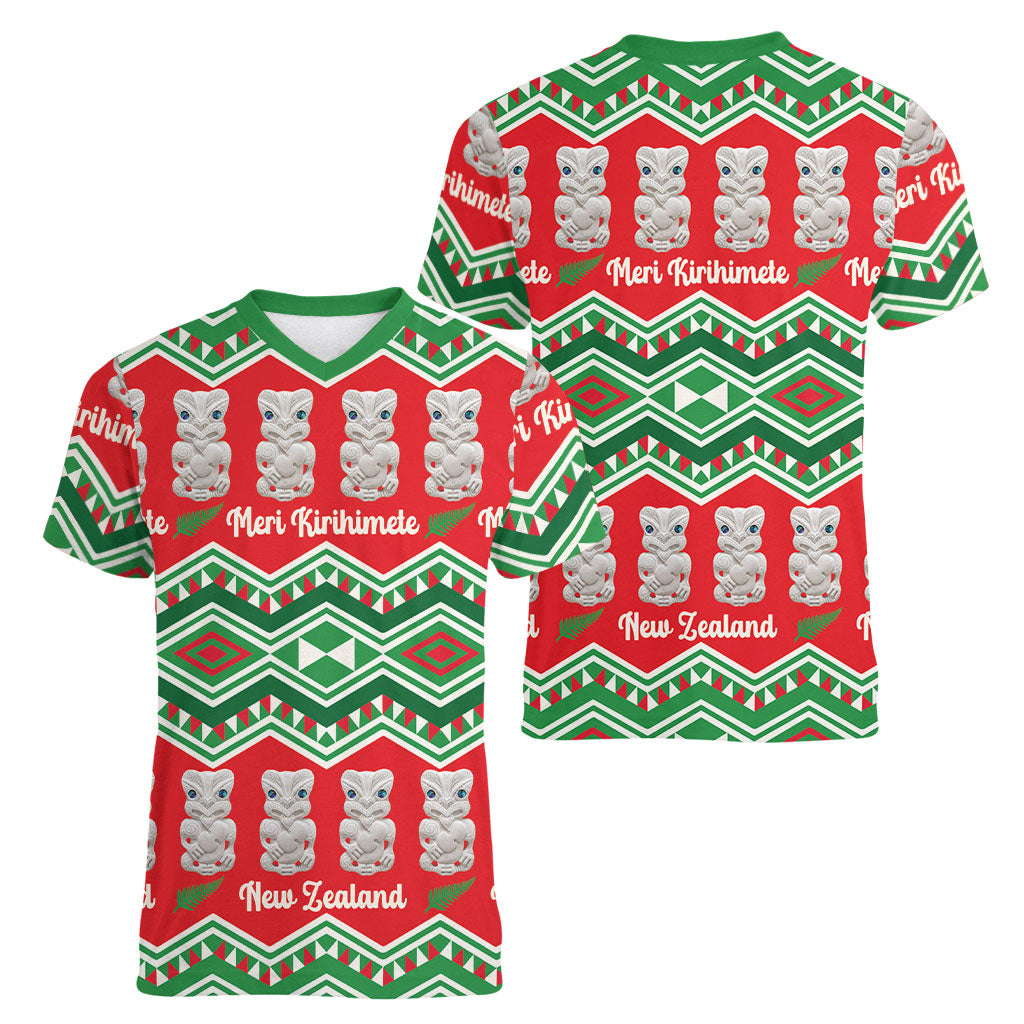 New Zealand Christmas In July Women V-Neck T-Shirt Meri Kirihimete Hei Tiki Taniko Motifs Seamless LT14 - Polynesian Pride