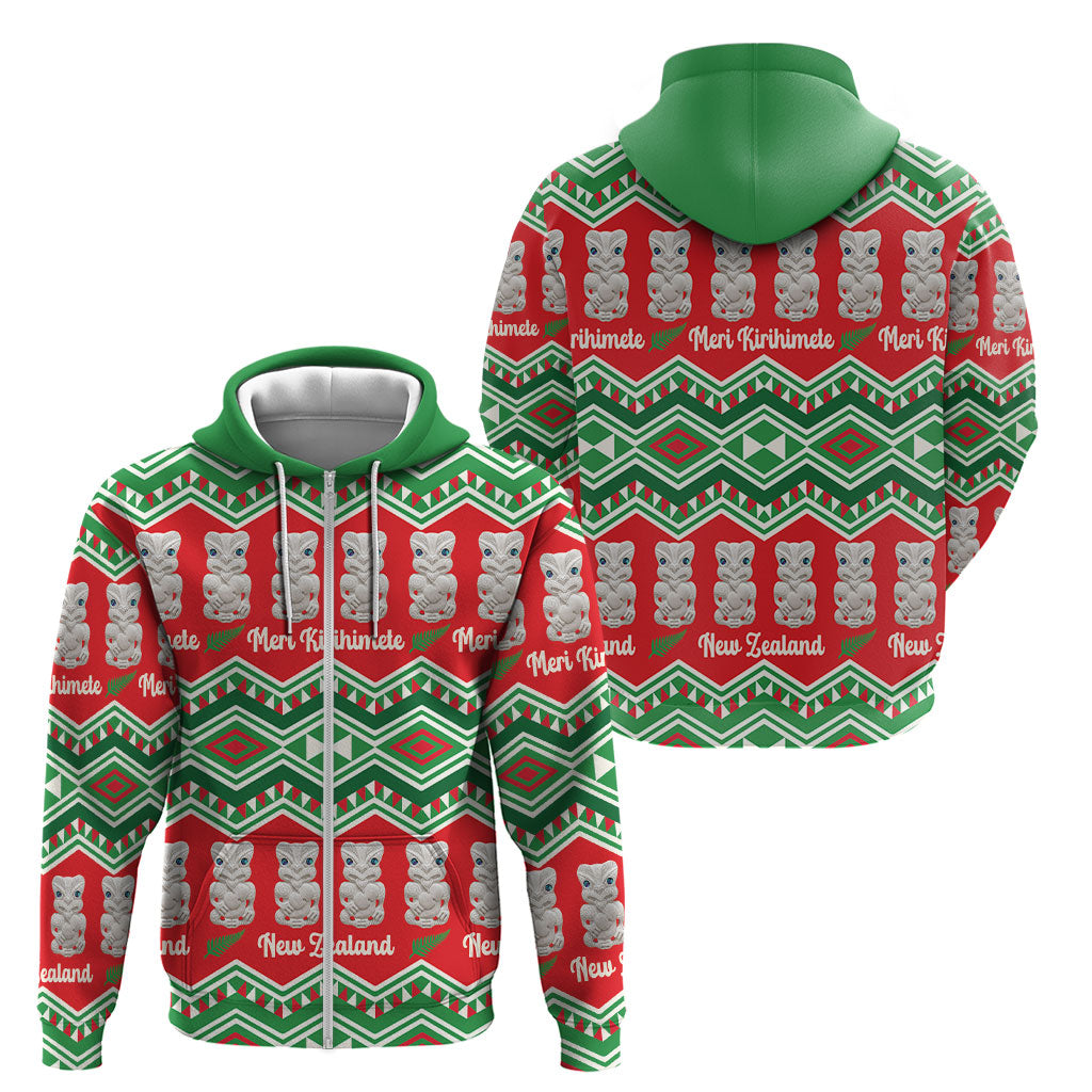 New Zealand Christmas In July Zip Hoodie Meri Kirihimete Hei Tiki Taniko Motifs Seamless LT14 - Polynesian Pride