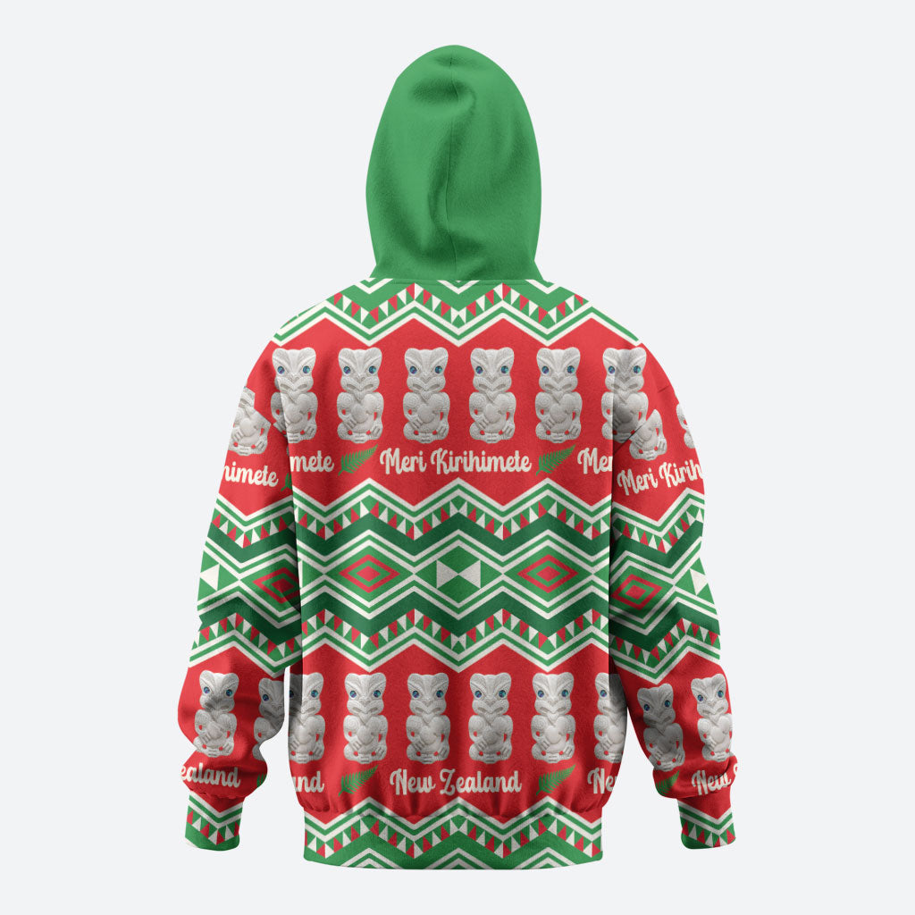 New Zealand Christmas In July Zip Hoodie Meri Kirihimete Hei Tiki Taniko Motifs Seamless LT14 - Polynesian Pride