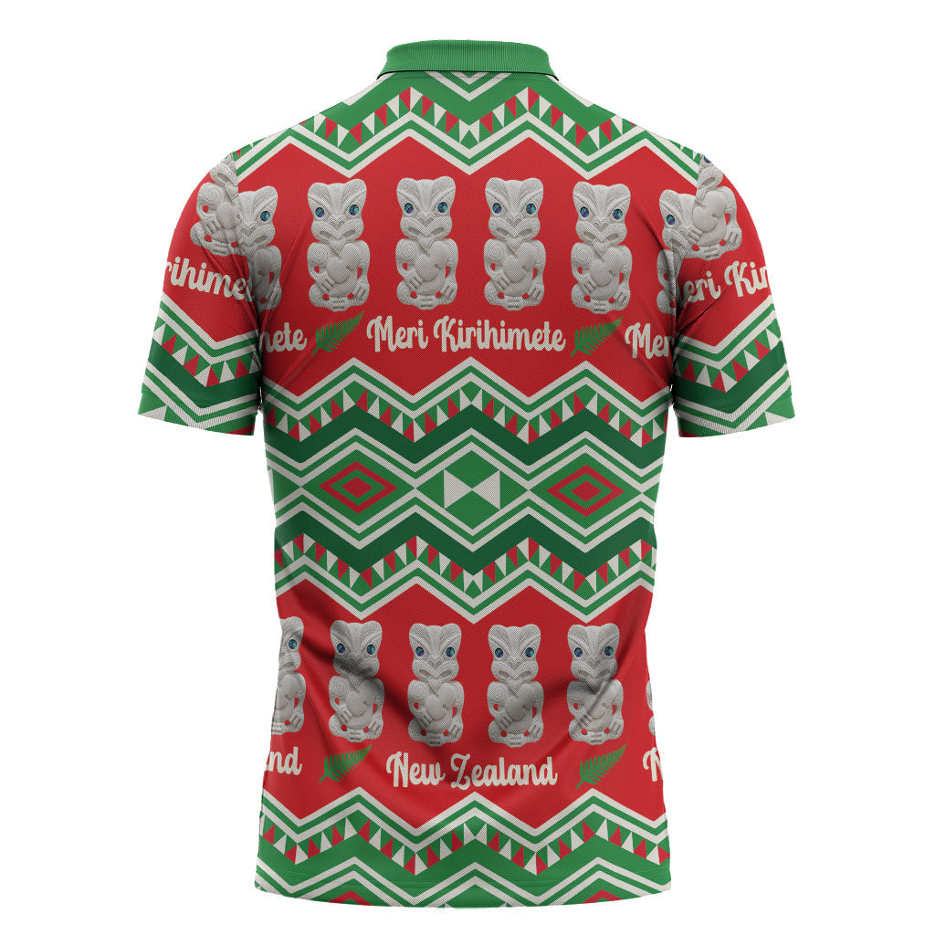 New Zealand Christmas In July Zipper Polo Shirt Meri Kirihimete Hei Tiki Taniko Motifs Seamless LT14 - Polynesian Pride