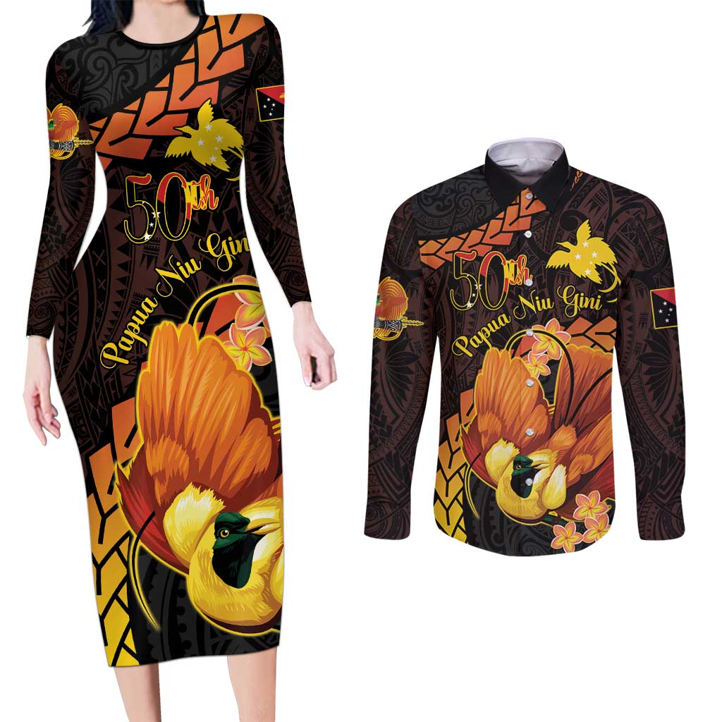 Papua New Guinea Independence Day Couples Matching Long Sleeve Bodycon Dress and Long Sleeve Button Shirt 50th Anniversary Papua Niu Gini Bird Of Paradise LT14 Black - Polynesian Pride