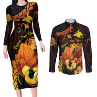 Papua New Guinea Independence Day Couples Matching Long Sleeve Bodycon Dress and Long Sleeve Button Shirt 50th Anniversary Papua Niu Gini Bird Of Paradise LT14 Black - Polynesian Pride
