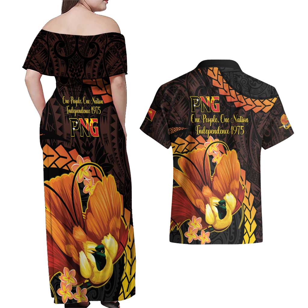 Papua New Guinea Independence Day Couples Matching Off Shoulder Maxi Dress and Hawaiian Shirt 50th Anniversary Papua Niu Gini Bird Of Paradise LT14 - Polynesian Pride