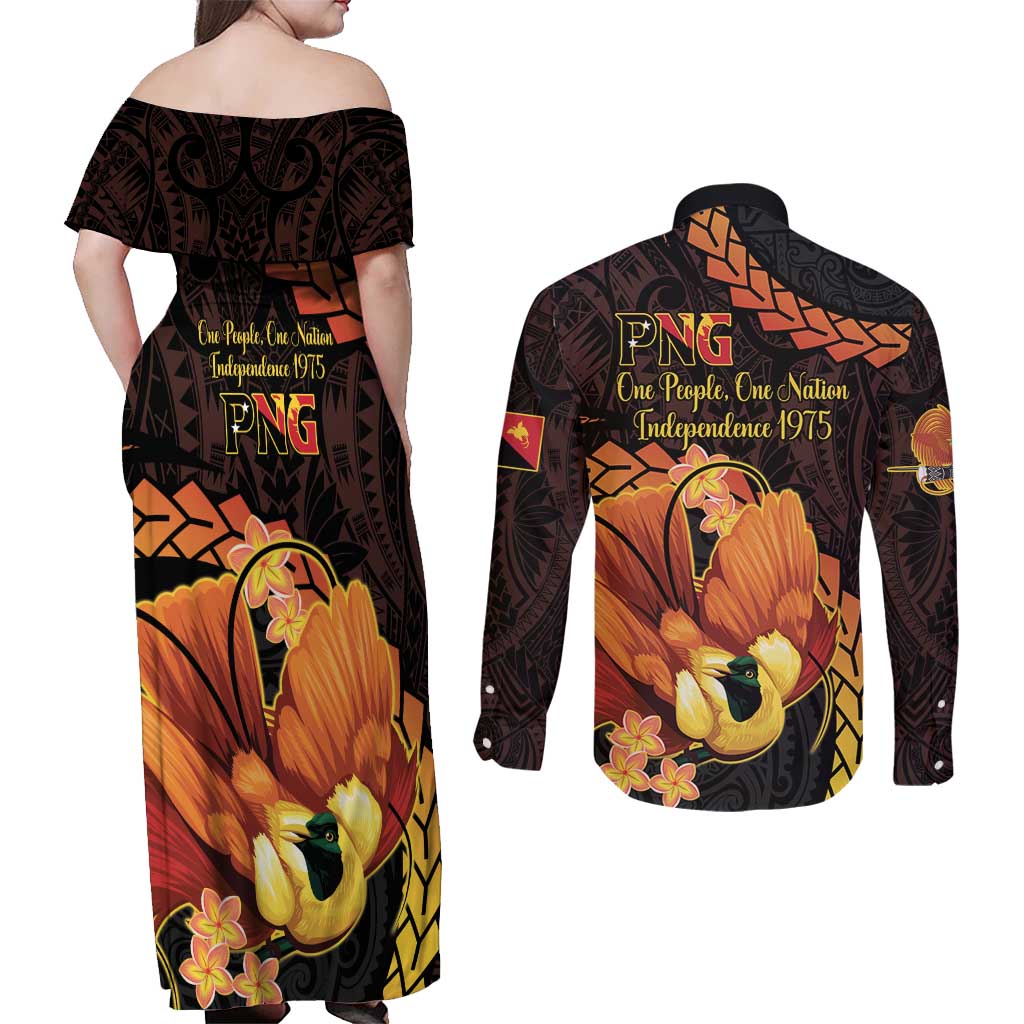 Papua New Guinea Independence Day Couples Matching Off Shoulder Maxi Dress and Long Sleeve Button Shirt 50th Anniversary Papua Niu Gini Bird Of Paradise LT14 - Polynesian Pride