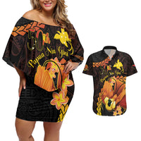 Papua New Guinea Independence Day Couples Matching Off Shoulder Short Dress and Hawaiian Shirt 50th Anniversary Papua Niu Gini Bird Of Paradise LT14 Black - Polynesian Pride