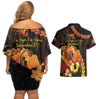 Papua New Guinea Independence Day Couples Matching Off Shoulder Short Dress and Hawaiian Shirt 50th Anniversary Papua Niu Gini Bird Of Paradise LT14 - Polynesian Pride