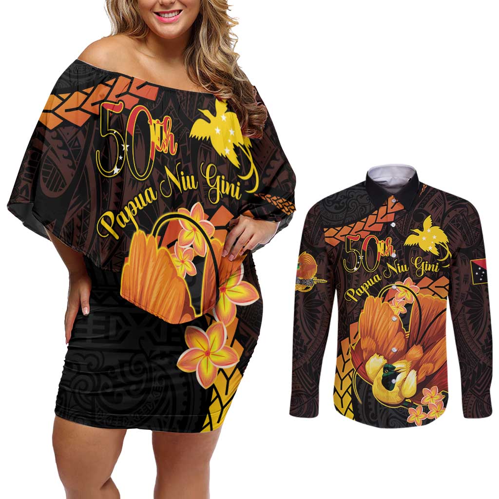 Papua New Guinea Independence Day Couples Matching Off Shoulder Short Dress and Long Sleeve Button Shirt 50th Anniversary Papua Niu Gini Bird Of Paradise LT14 Black - Polynesian Pride